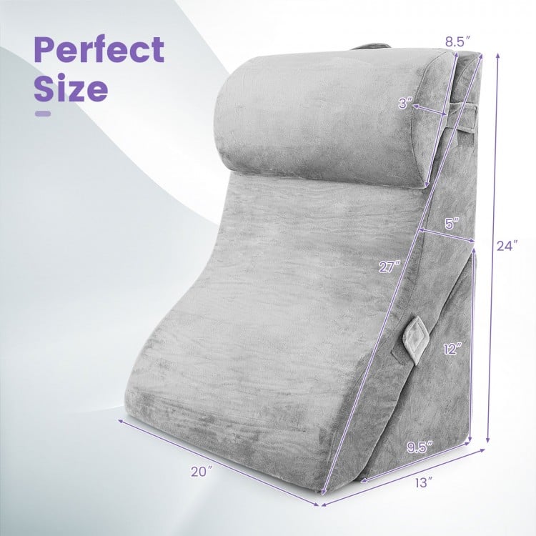 Adjustable gray orthopedic bed wedge pillow set with dimensions for back support, ideal for comfort and sleep relief.
