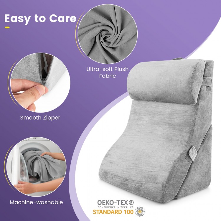 Adjustable gray orthopedic bed wedge pillow set with plush cover, designed for back and neck support, easy to clean.