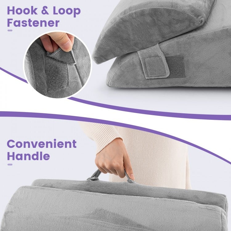 Adjustable orthopedic bed wedge pillow set in gray with hook and loop fastener and convenient handle for easy carrying.
