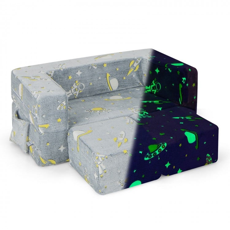 Kids play sofa in gray with glow-in-the-dark design, featuring removable covers and ergonomic support for comfort.