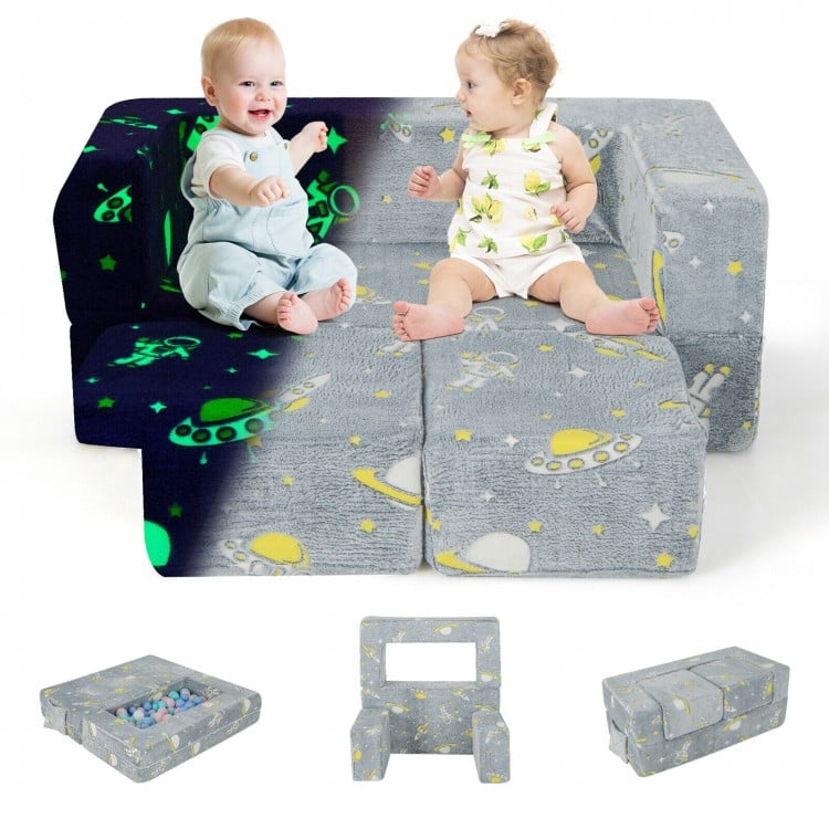 Kids play sofa in gray with removable cover, featuring glow-in-the-dark design and two ottomans for comfort and safety.