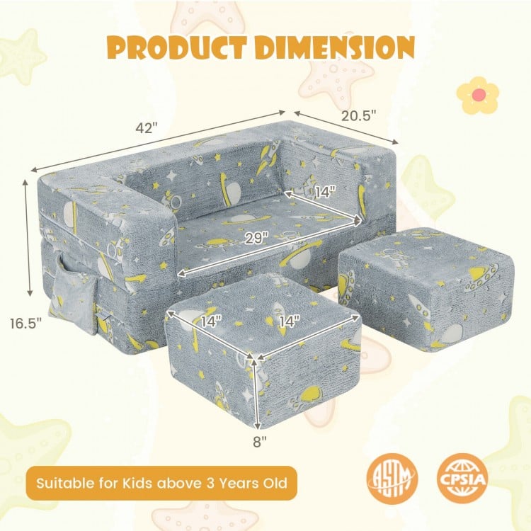 Kids play sofa with ottoman, gray velvet, removable cover, dimensions 42"x20.5"x16.5", suitable for kids above 3 years.