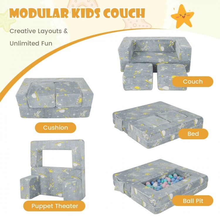 Kids play sofa in gray with removable cover, featuring various layouts for fun, comfort, and safety for children.