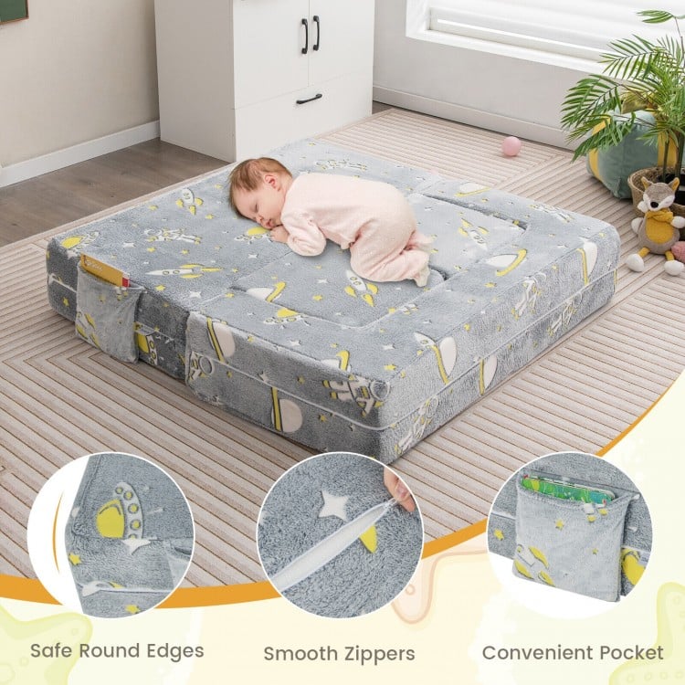 Kids play sofa in gray with removable cover, featuring safe round edges and two ottomans for comfort and support.