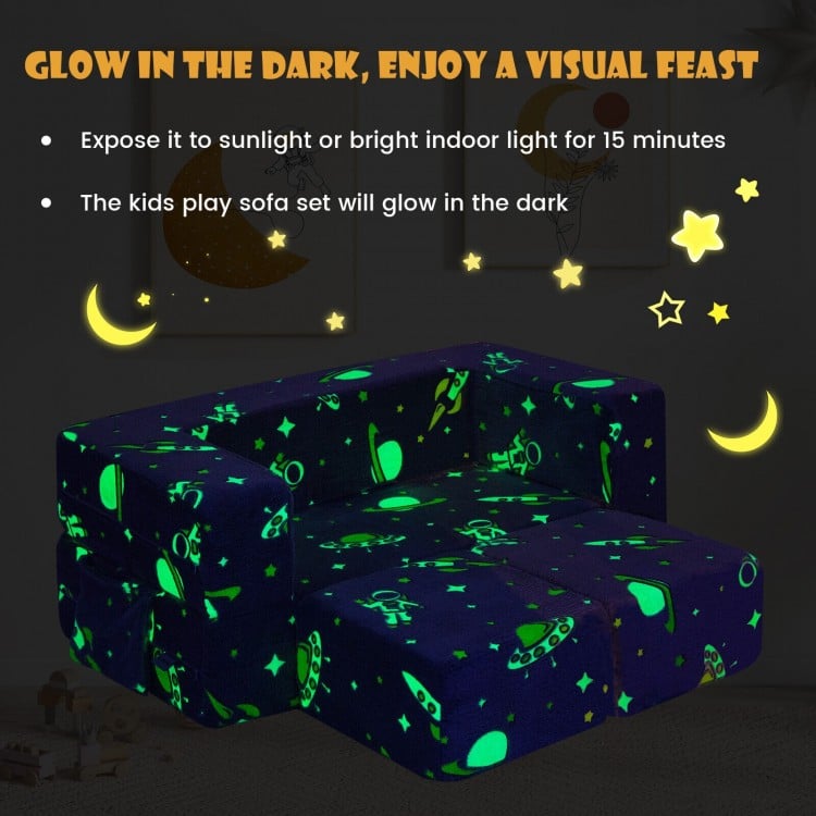 Kids play sofa with ottoman in glow-in-the-dark design, featuring removable washable cover for easy maintenance.