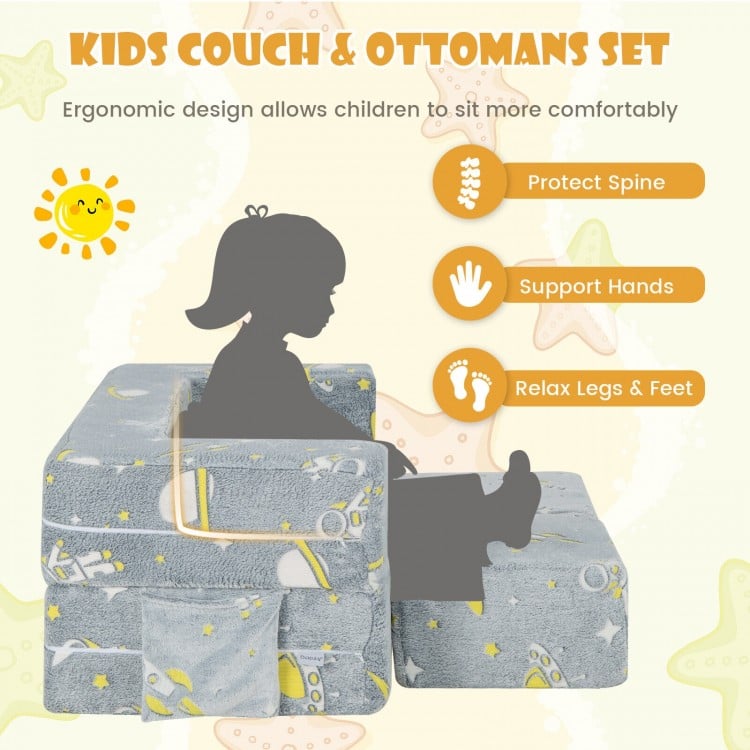 Kids play sofa set in gray with ottomans, featuring ergonomic design for spine support and removable, machine washable.
