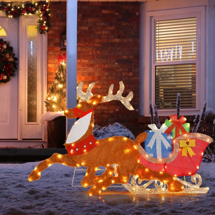 Lighted 2D Christmas reindeer and sleigh decoration with gift boxes, perfect for festive outdoor displays.