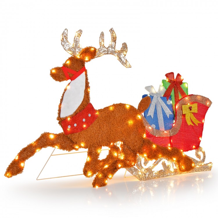 2D lighted Christmas reindeer with sleigh and gift boxes, perfect for festive lawn decoration and nighttime displays.