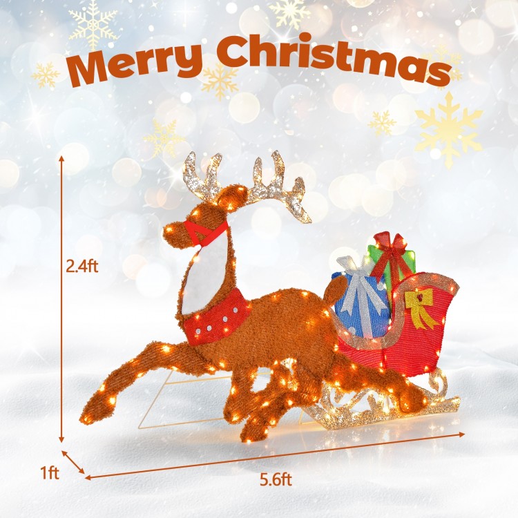 2D lighted Christmas reindeer and sleigh decoration with gift boxes, perfect for lawn or front door festive displays.