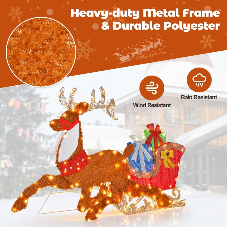 Lighted 2D Christmas reindeer and sleigh decoration with bright lights, durable polyester, for festive outdoor display.