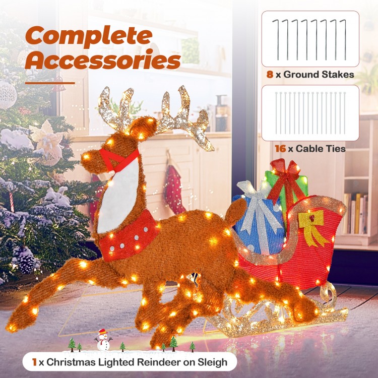 2D lighted Christmas reindeer and sleigh decoration with gift boxes, featuring bright lights for festive outdoor.