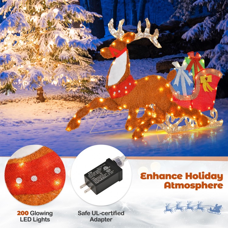 Lighted 2D Christmas reindeer and sleigh decoration with 200 LED lights for festive outdoor holiday displays.