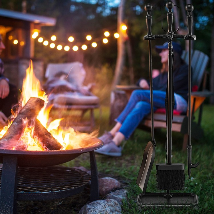 5-piece black fireplace tool set with stand, including tongs, brush, shovel, and poker, perfect for cozy outdoor fires.