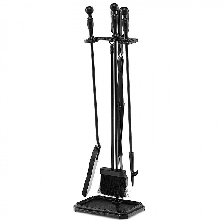 5-piece black fireplace tool set with stand, including brush, poker, shovel, and tongs for efficient fire maintenance.