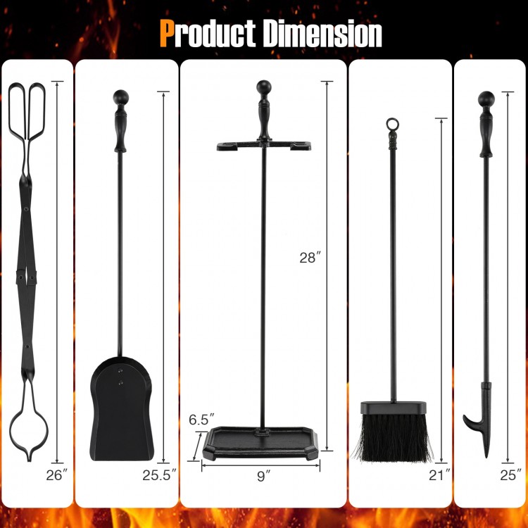 5-piece black fireplace tool set including poker, brush, shovel, and tong with ergonomic handles for convenient use.