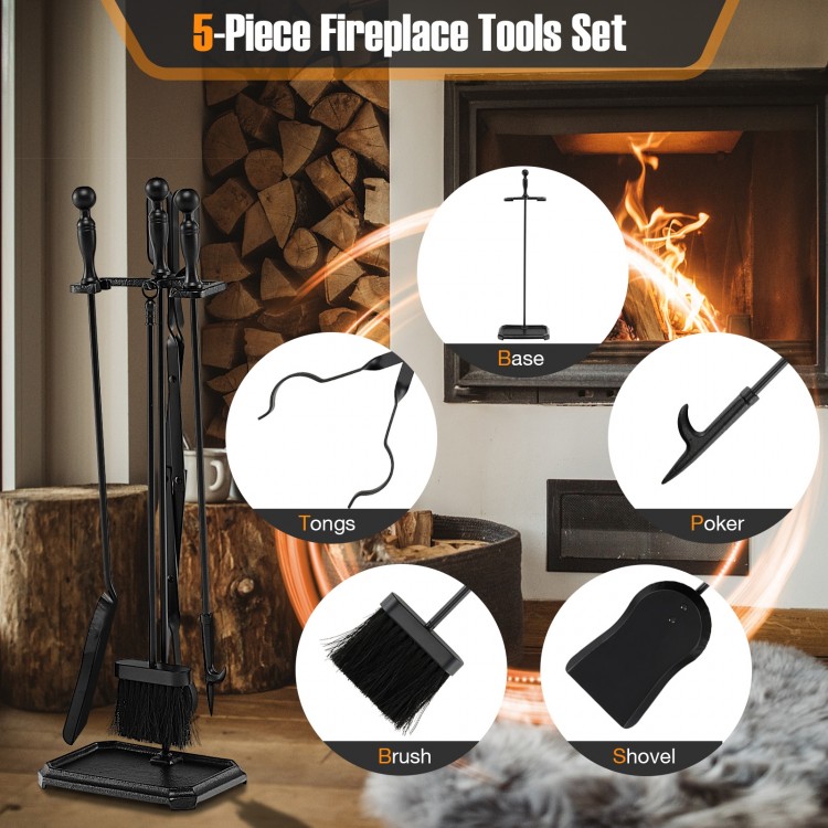 5-piece black fireplace tool set featuring a stand, tongs, brush, shovel, and poker for efficient fire maintenance.
