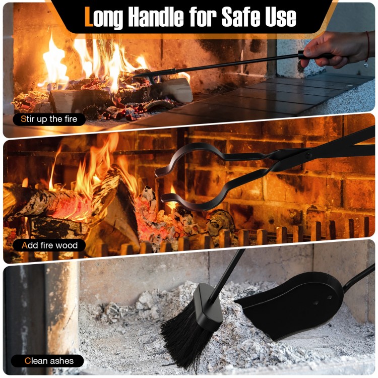 5-piece black fireplace tool set featuring a poker, tong, brush, and shovel for safe fire management and easy cleanup.