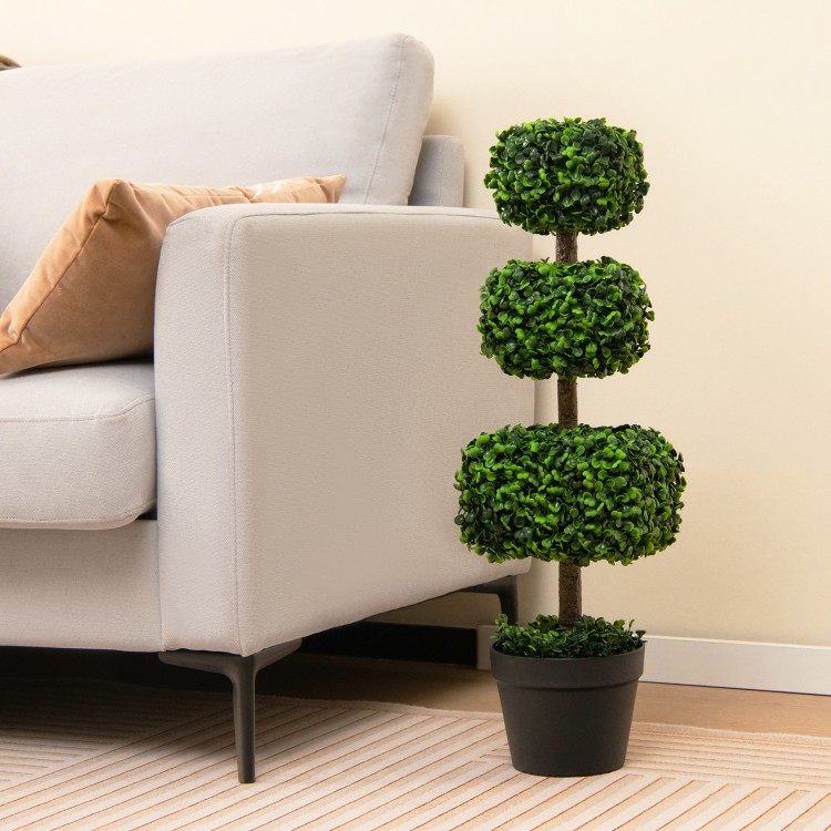Artificial 35-inch boxwood topiary ball tree in a cement-filled pot, perfect for year-round greenery without.