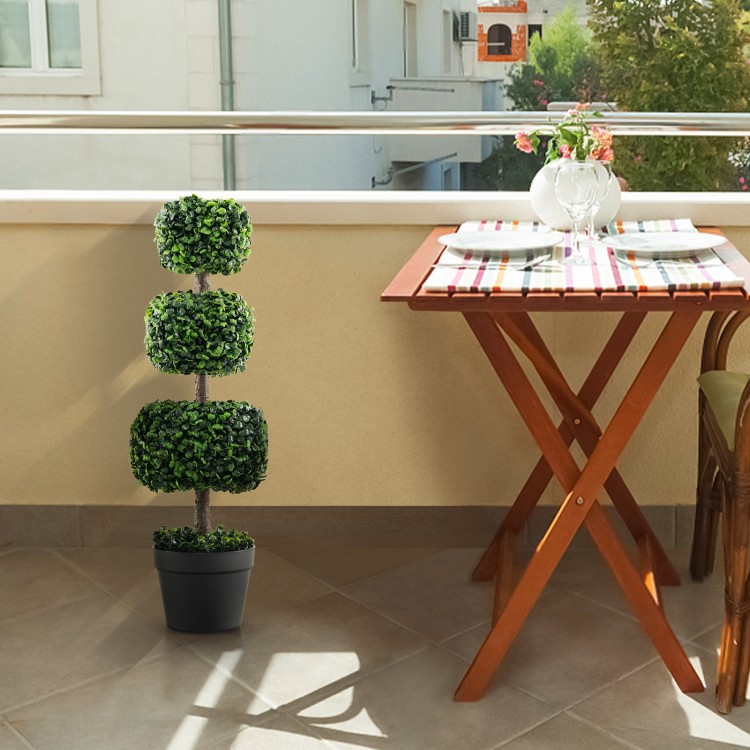 35-inch artificial boxwood topiary tree with lush green leaves in a cement-filled pot, perfect for outdoor decor.