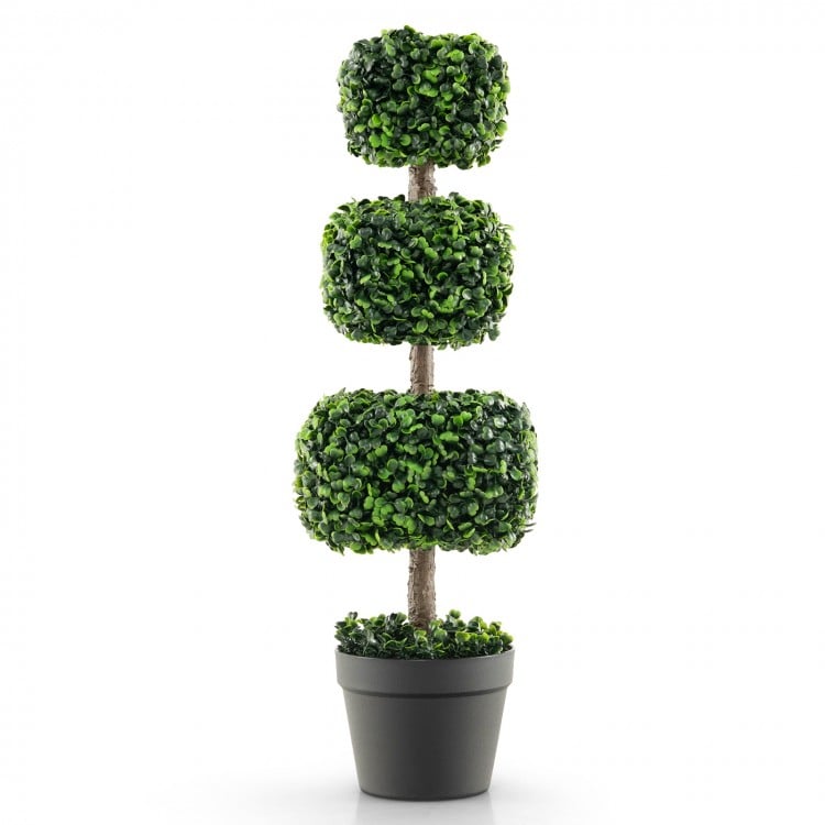 Artificial boxwood topiary ball tree with three tiers, cement-filled pot, and lifelike green leaves for year-round.