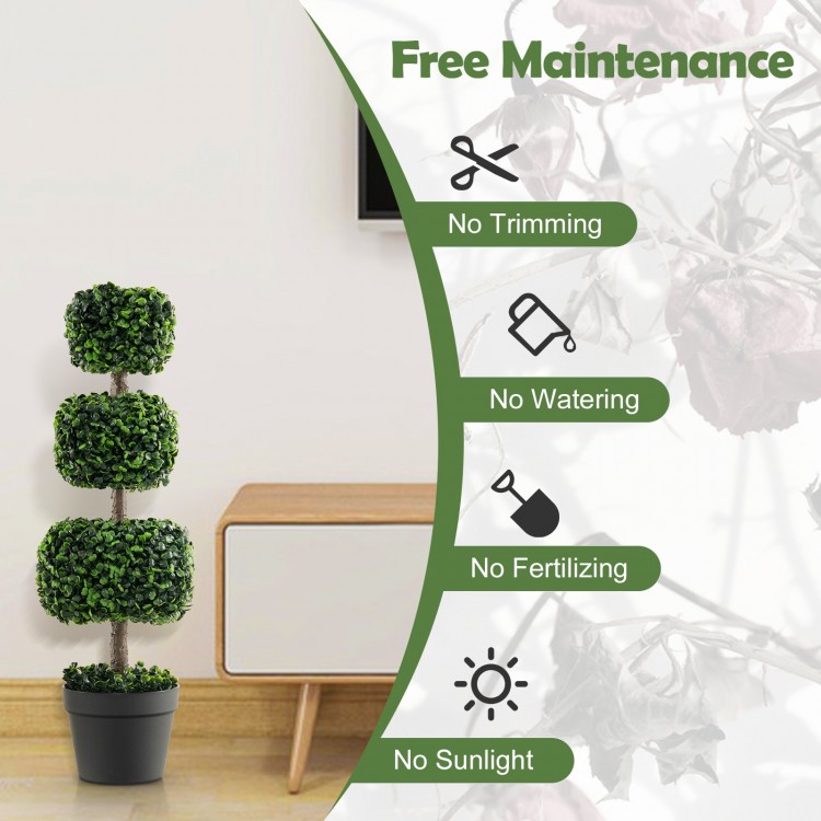 35-inch artificial boxwood topiary tree in a cement-filled pot, requiring no maintenance for a vibrant indoor display.