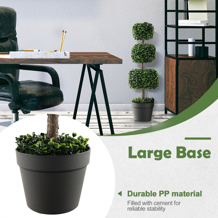 35-inch artificial boxwood topiary tree in a cement-filled pot, featuring lush green leaves for year-round decor.