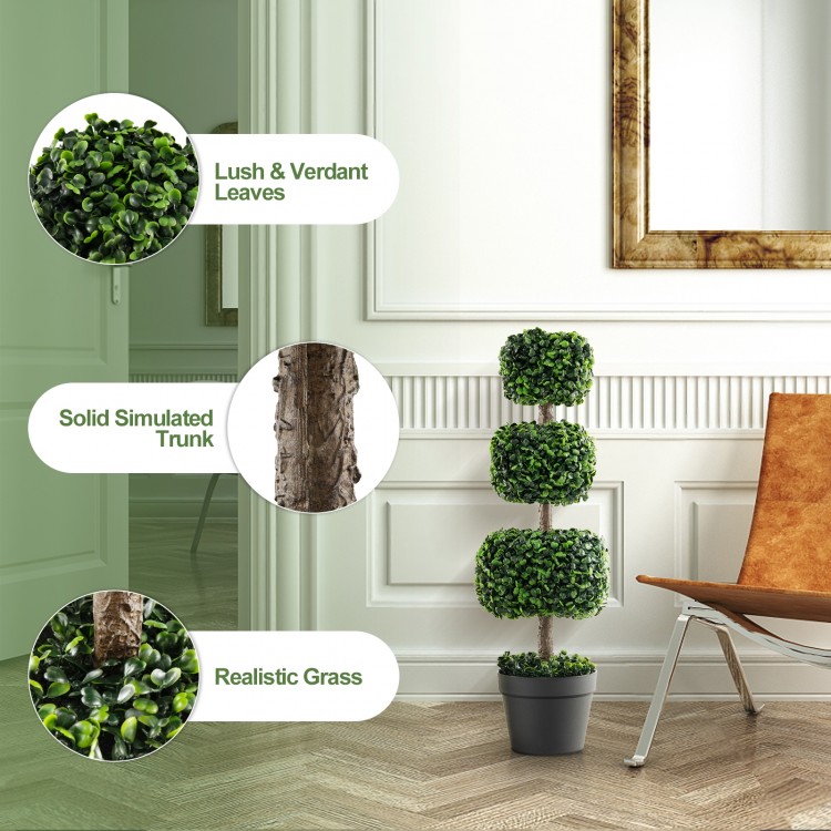 Artificial 35-inch boxwood topiary tree with lush leaves and a cement-filled pot for easy maintenance and stability.