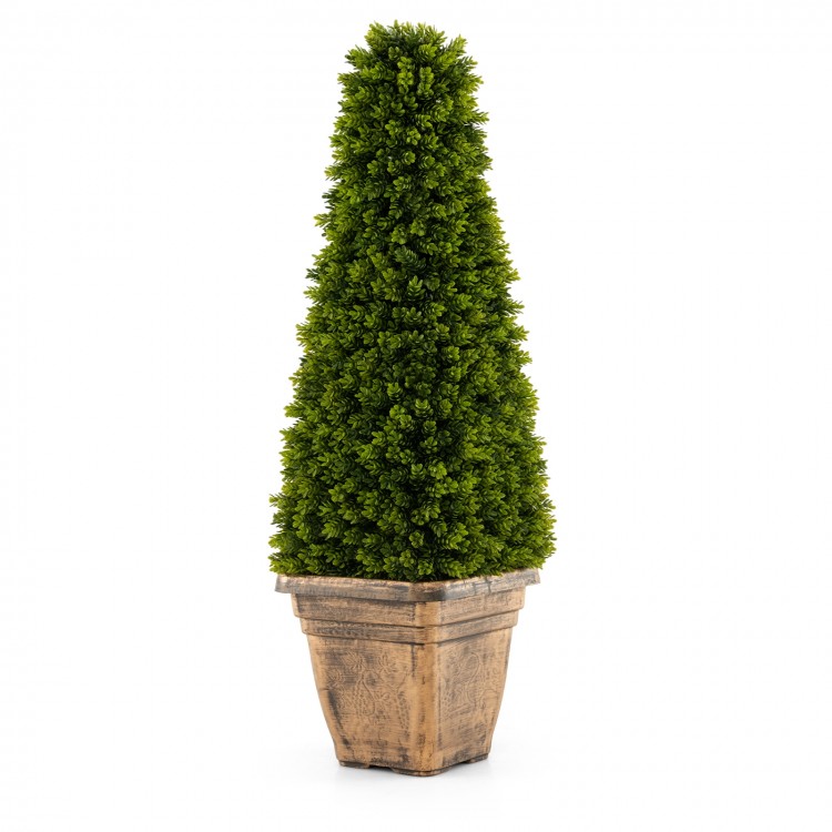 Artificial 3 feet boxwood topiary tree in a cement flowerpot, featuring a cone shape and lush green leaves for elegant.