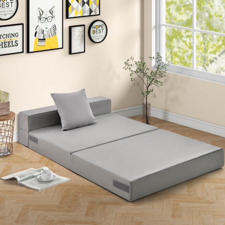 Light gray 6-inch tri-fold sofa bed with pillow, versatile for lounging or napping, featuring a cozy faux linen cover.