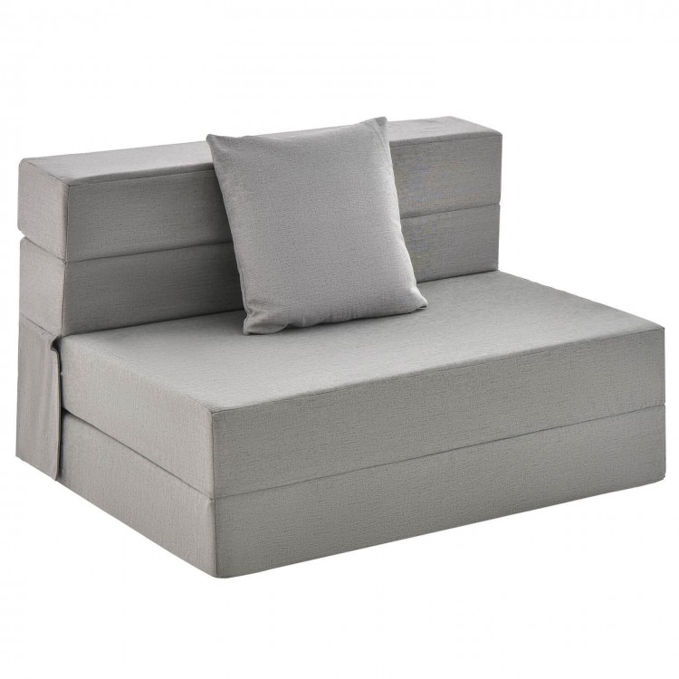 Light gray 6-inch tri-fold sofa bed with pillow, versatile for lounging, napping, or extra seating with cozy faux linen.