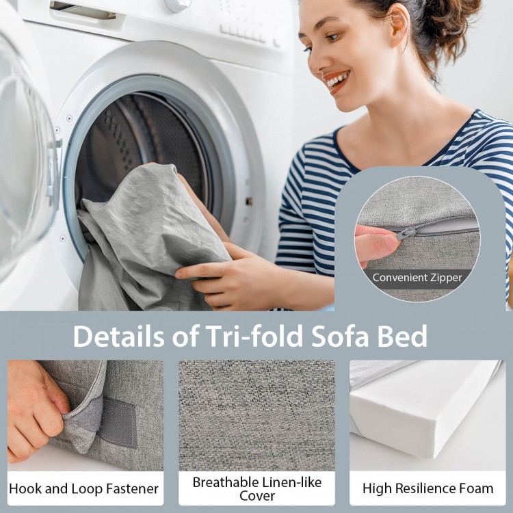 Detail of the 6-inch tri-fold sofa bed showing the breathable linen-like cover and convenient zipper for easy cleaning.
