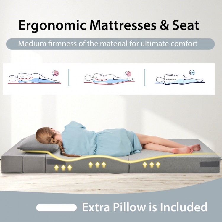 Tri-fold sofa bed mattress in light gray with ergonomic design, high resilience foam, and included extra pillow for.
