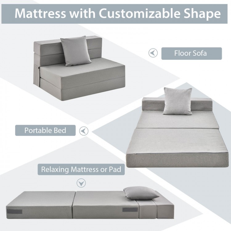 Light gray 6-inch tri-fold sofa bed with pillow, versatile for lounging, napping, or as a portable bed.