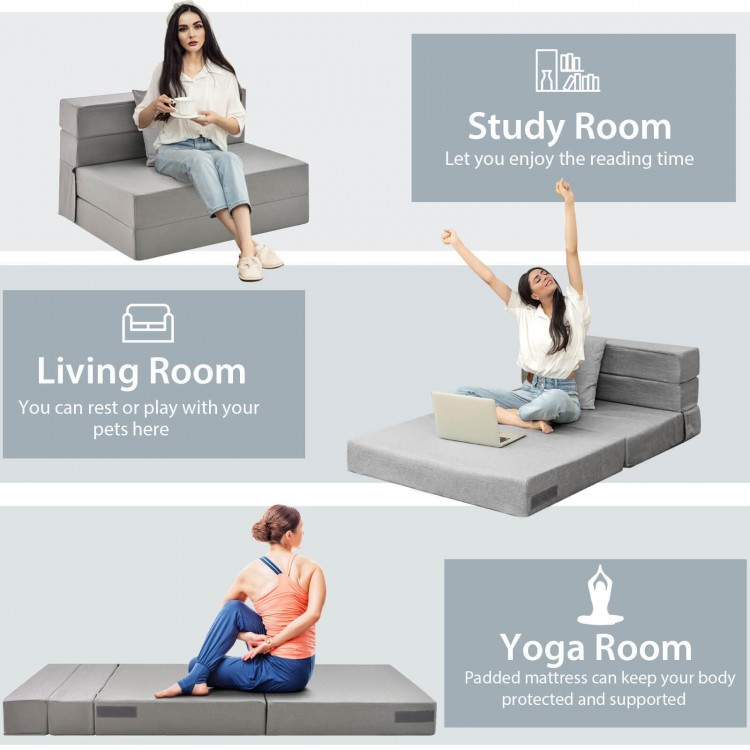 Light gray 6-inch tri-fold sofa bed with pillow, ideal for versatile use in study, living, or yoga rooms.