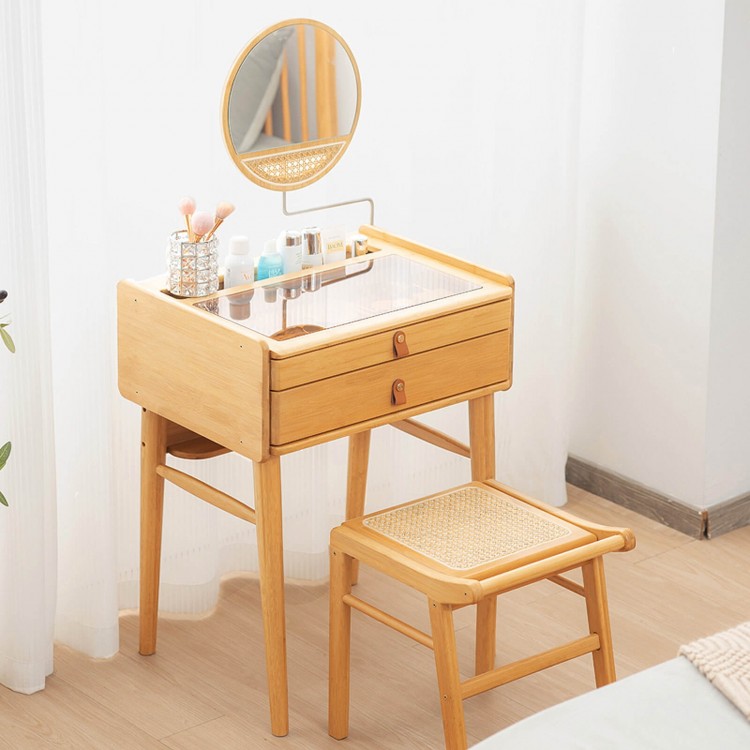 Bamboo Makeup Vanity Table with Stool and Rotating Mirror - Gallery View 1 of 7