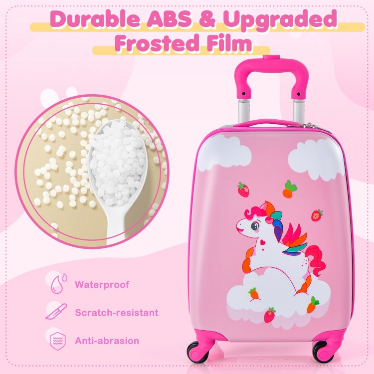 Kids carry-on luggage set featuring a pink unicorn design, made from durable ABS with waterproof frosted film for.
