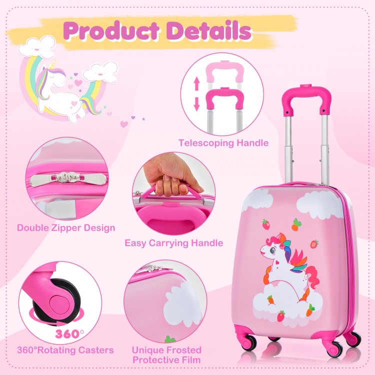 Kids carry-on luggage set featuring a pink unicorn design, double zippers, and 360° rotating wheels for easy travel.