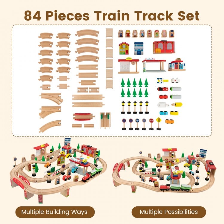 84-piece wooden train track set with reversible tabletop, featuring a gas station and helicopter pad for imaginative.
