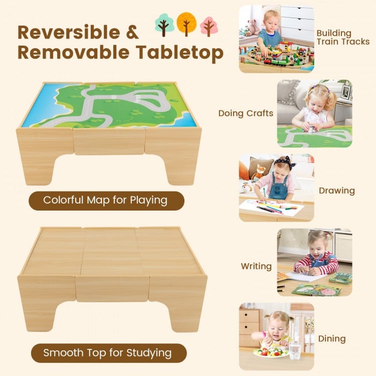 Colorful reversible tabletop with train track layout, perfect for kids' play, study, and creativity activities.