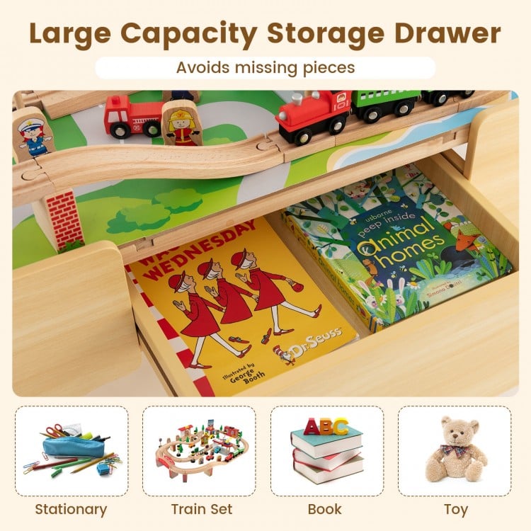 Large capacity storage drawer of the 84-piece wooden train set, perfect for organizing toys, books, and stationery.