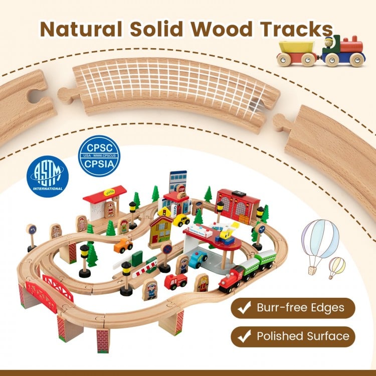 84-piece wooden train set with solid wood tracks, featuring a reversible tabletop and realistic accessories for.