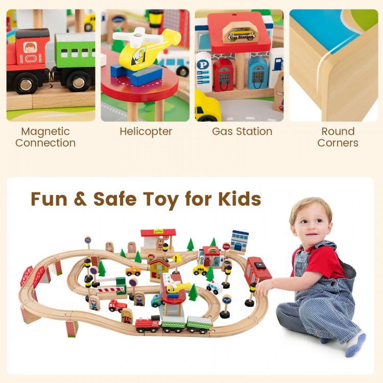 84-piece wooden train set with reversible tabletop, gas station, and helicopter pad for imaginative play and safety.