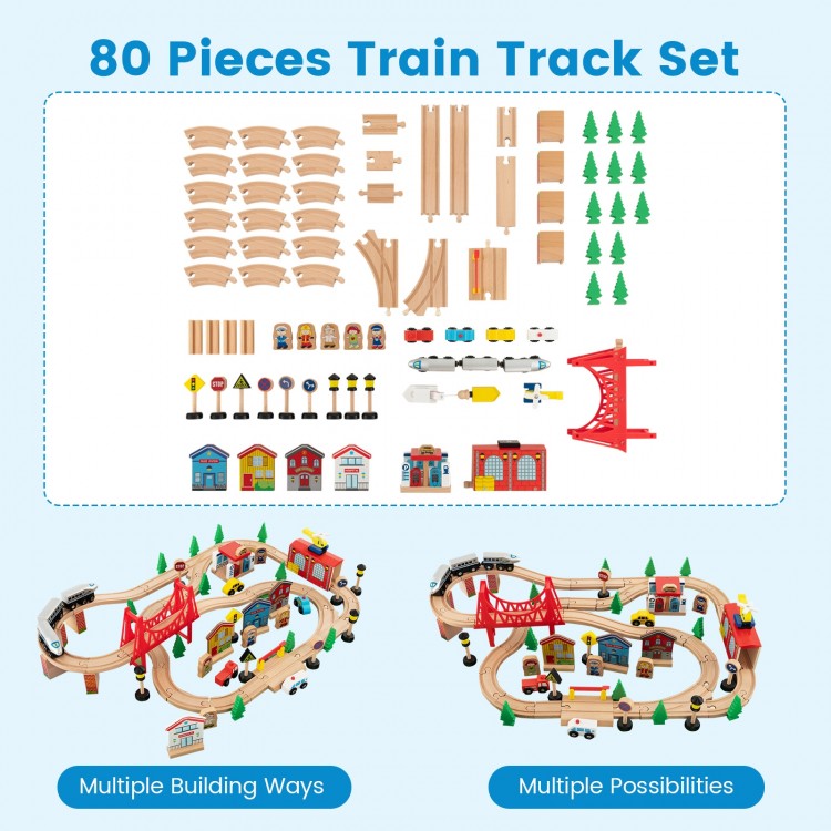 80-piece wooden train set with tracks, buildings, and accessories for imaginative play and fine motor skill development.