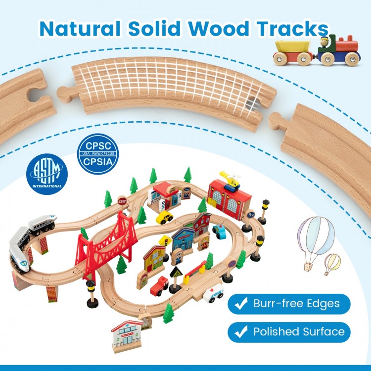 Colorful 80-piece wooden train set with solid wood tracks, featuring a gas station and helicopter pad for imaginative.
