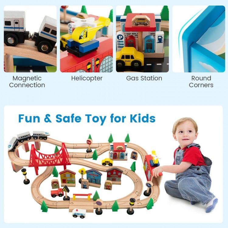 80-piece wooden train set with colorful tracks, gas station, and helicopter pad for imaginative play and fine motor.