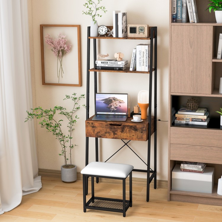 Ladder vanity desk set with flip top mirror, cushioned stool, and shelves for storage in a compact design.