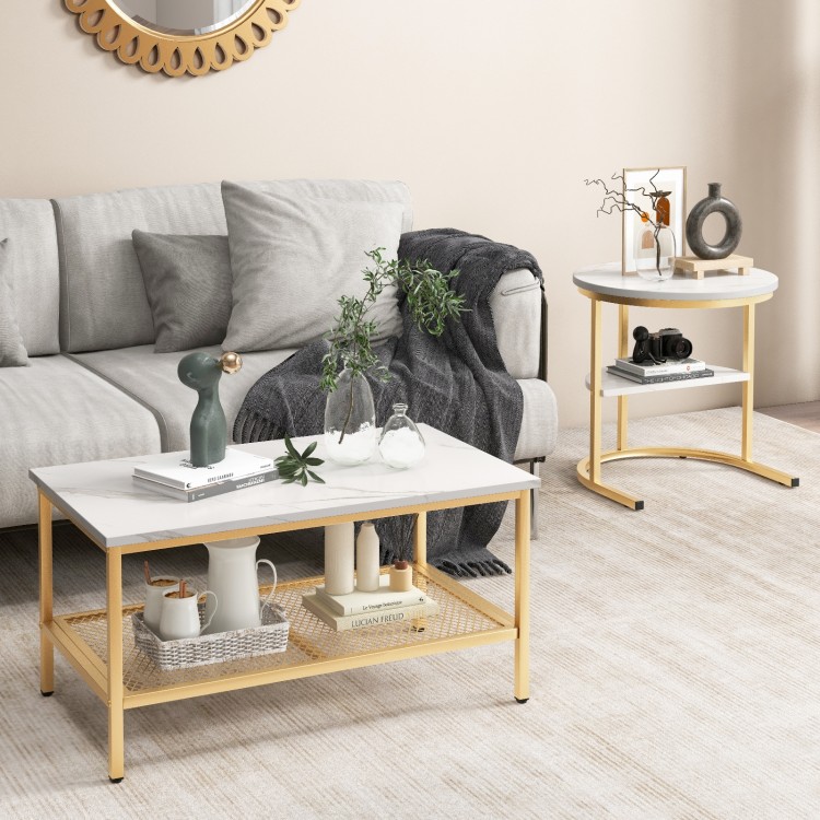 Nesting coffee table set featuring faux marble tops and a golden steel frame, perfect for living room storage and style.