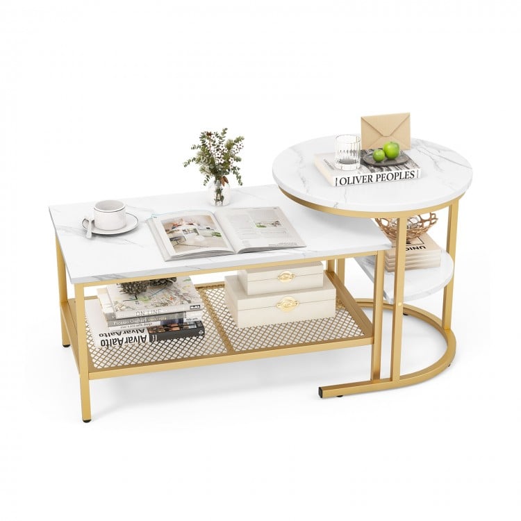 Nesting coffee table set featuring faux marble tops and a golden steel frame, ideal for living room storage and decor.
