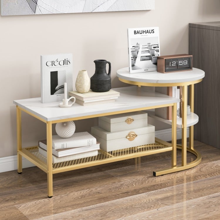 Nesting coffee table set with faux marble tops and gold steel frame, featuring extra storage shelf for living room use.