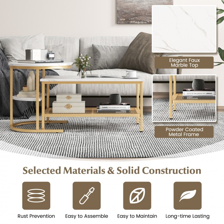 Nesting coffee table set with faux marble tops and gold metal frame, perfect for living room storage and decor.
